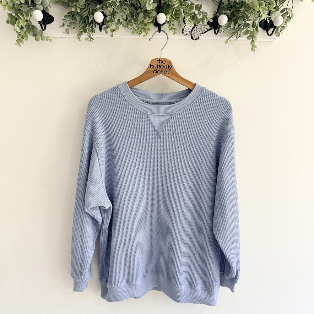 Aerie Light Blue Waffle Knit Crewneck Sweatshirt Lightweight Oversized Size S X